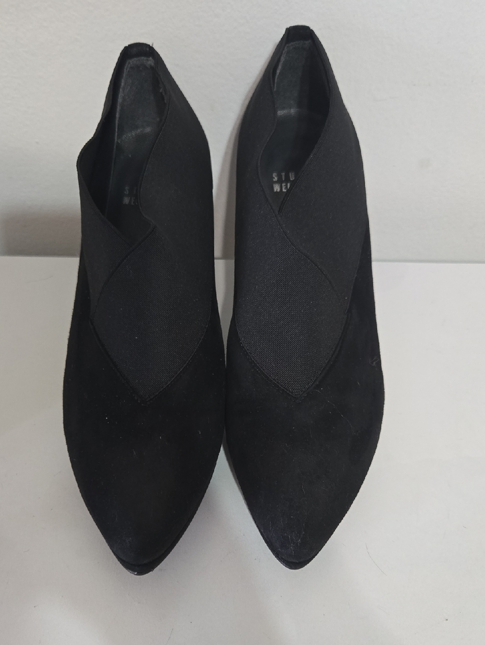 Stuart Weitzman Black Pointed Toe Slip-On Heels with Sculpted Upper